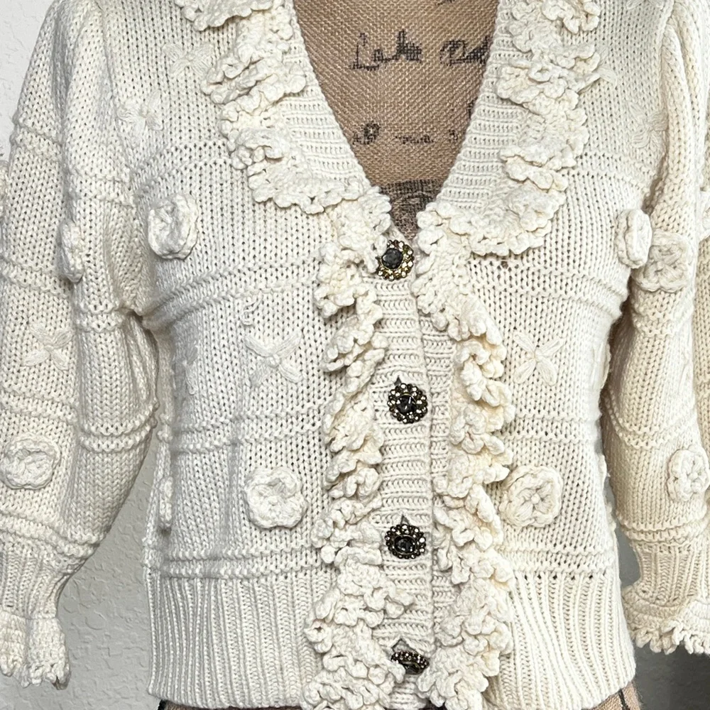 Zara Cream Textured Ruffle-Trim Button Cardigan - Picture 2 of 10